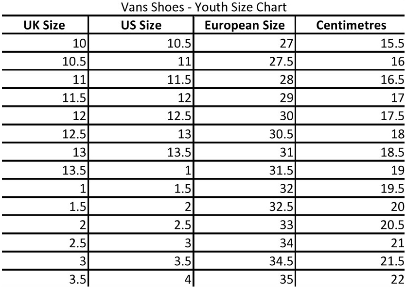 vans sneakers size chart