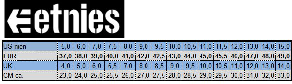 Etnies Size Chart