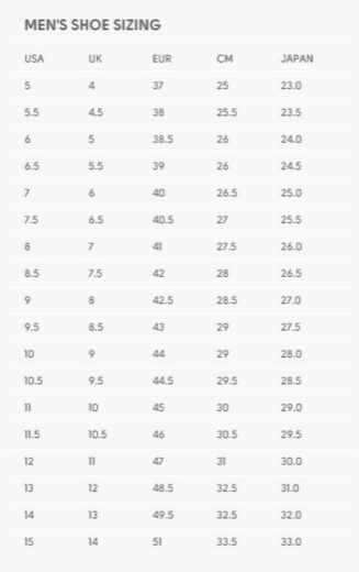 Lakai Shoe Size Chart