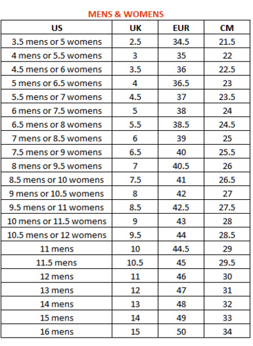 vans mens womens size chart