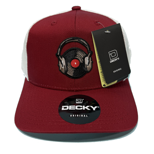 DJ Record Headphones Embroidered Patch Maroon Trucker Cap Hat