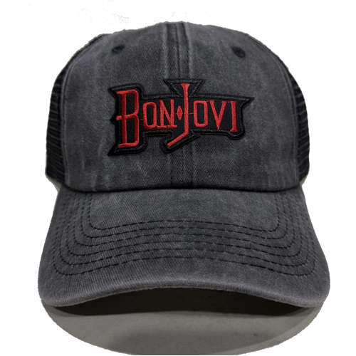 Bon Jovi Embroidered Patch Washed Black Trucker Cap Hat