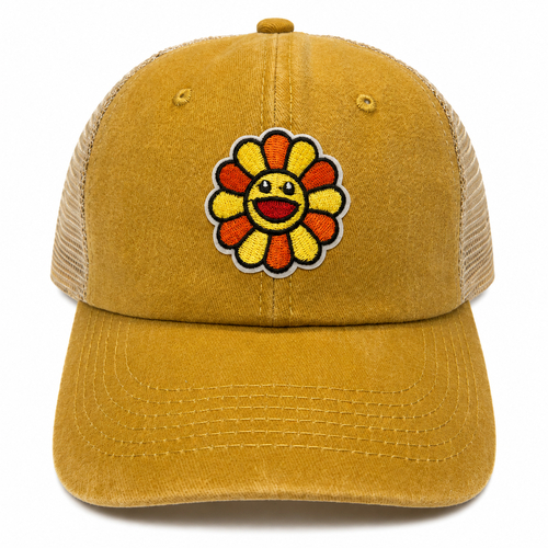 Smiley Flower Mustard Strapback Trucker Hat Cap