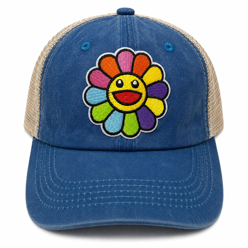 Smiley Flower Blue Strapback Trucker Hat Cap