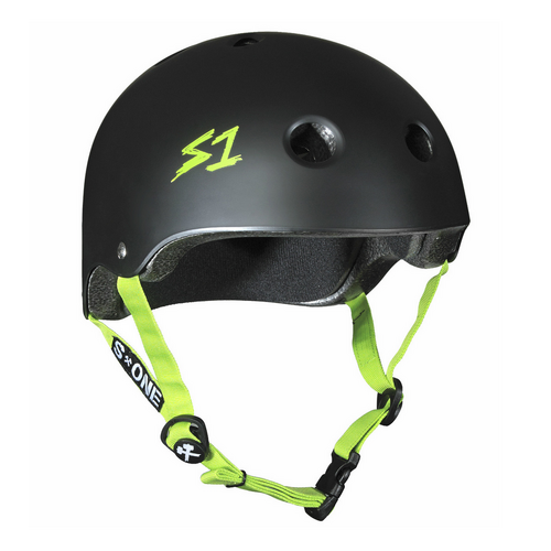 S1 Lifer Certified Matte Black Lime Green Straps Skateboard Helmet [Size: X-Small]