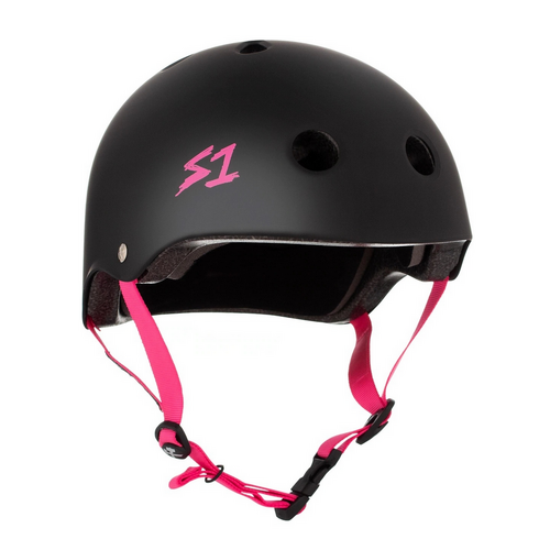 S1 Lifer Certified Matte Black Pink Straps Skateboard Helmet [Size: Large]